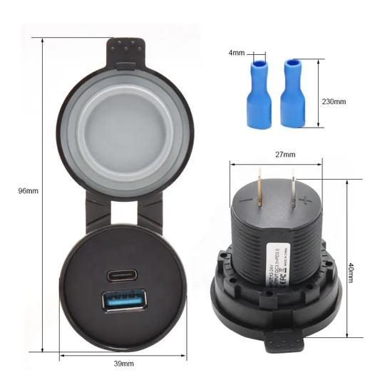 Cargador USB-Qc3.0+USB-C de 20w + IP67. Para Auto, Moto, Nutica o Motorhome