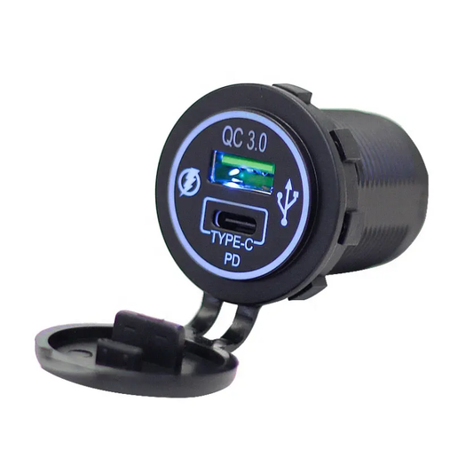 Cargador USB-Qc3.0+USB-C de 20w + Waterproof, Para Auto, Moto, Nutica o Motorhome
