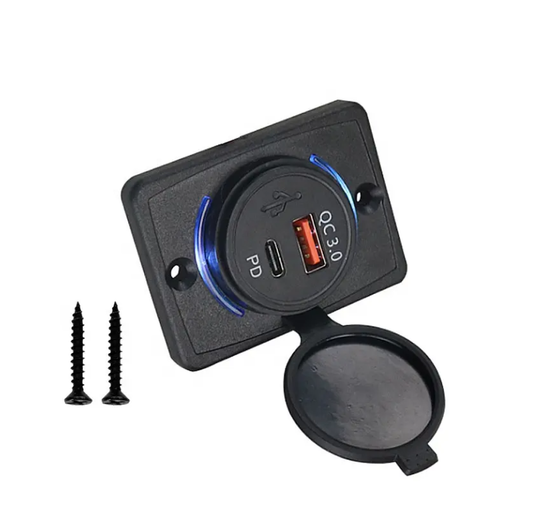 Cargador USB-C+Qc3.0. Para Auto, Nautica o Motorhome