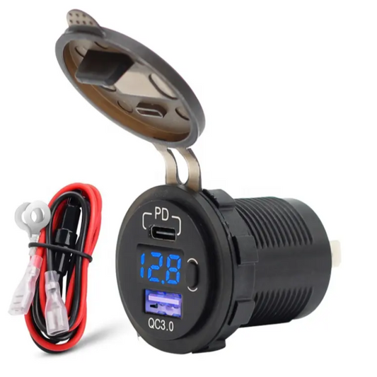 Cargador USB-C+Qc3.0+Voltimetro+OnOff.  Para Auto, Moto, Nutica o Motorhome